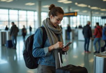 Femme détachant son chargeur de téléphone à l'aéroport