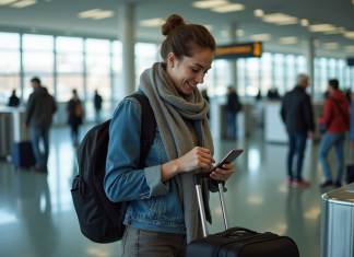 Chargeur téléphone en bagage à main : conseils et règles à connaître Femme détachant son chargeur de téléphone à l'aéroport