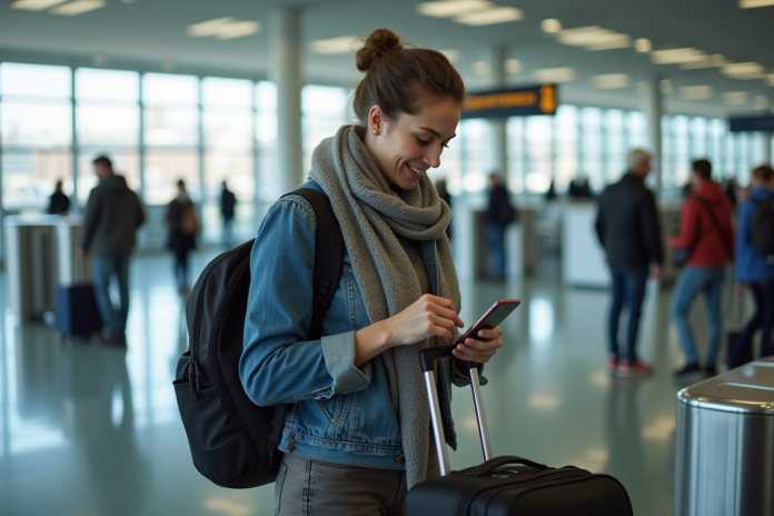 femme-aeroport-securite Femme détachant son chargeur de téléphone à l'aéroport