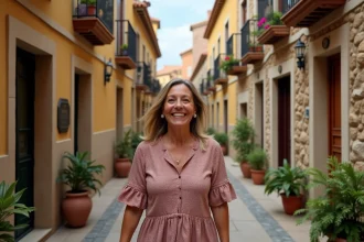 Femme andalouse souriante dans une rue pavée de Malaga