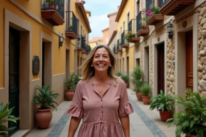 Femme andalouse souriante dans une rue pavée de Malaga