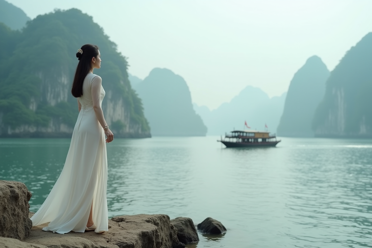 Jeune femme en ao dai blanc sur la côte de Ha Long