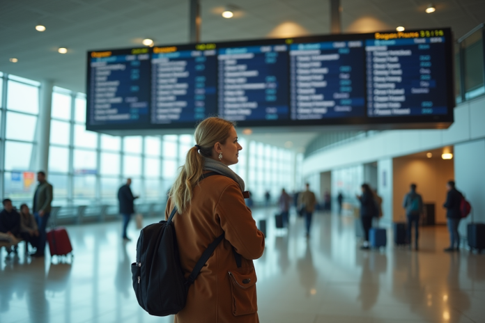 femme-avant-departs-aeroport Femme contemplant le tableau des départs à l'aéroport