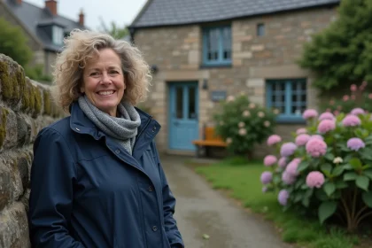 Femme bretonne souriante près d'un cottage ancien