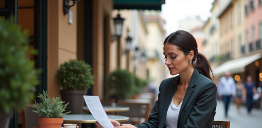 Assurance maladie internationale : comment obtenir une couverture hors frontières ? Femme confiante au café avec documents d'assurance voyage