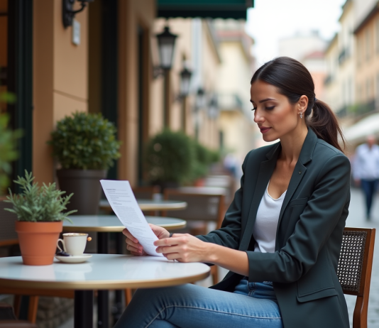 Femme confiante au café avec documents d'assurance voyage