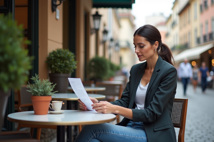 Femme confiante au café avec documents d'assurance voyage