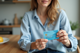 Jeune femme tenant une carte de santé européenne à la maison