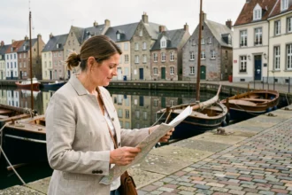Femme consultant une carte touristique près du Vieux-Bassin de Honfleur avec les maisons à pans de bois en arrière-plan