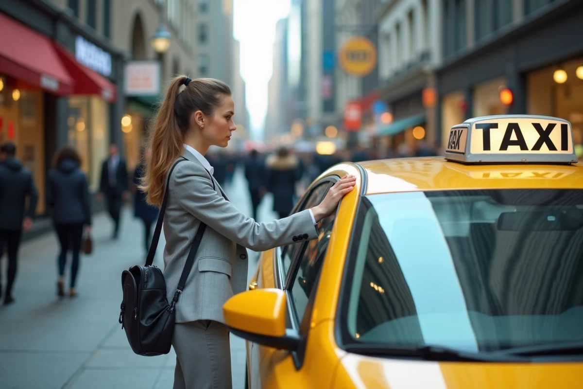 Jeune femme debout près d’un taxi jaune en ville