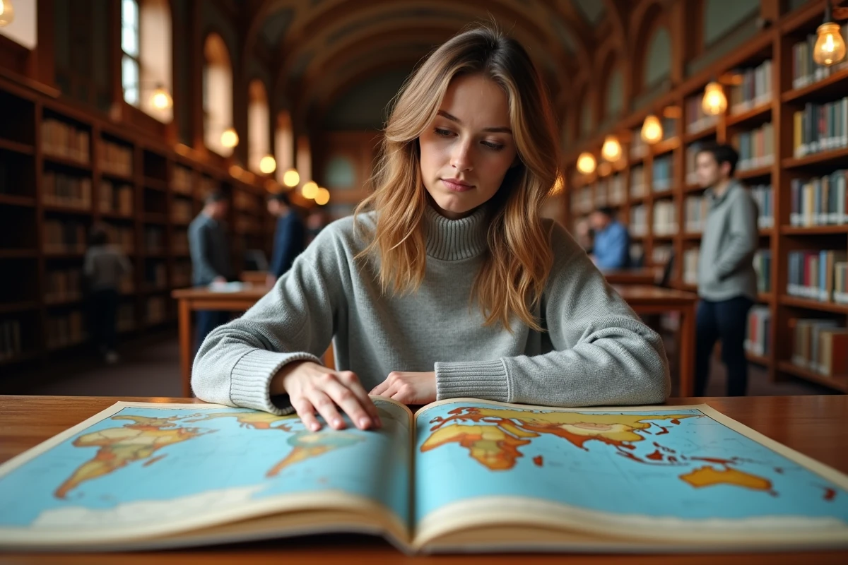 Jeune femme comparant deux projections cartographiques différentes dans une bibliothèque, carte de Peters et carte de Mercator
