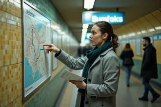 Femme consultant le plan du métro U-Bahn de Berlin dans une station typique aux carreaux jaunes et blancs