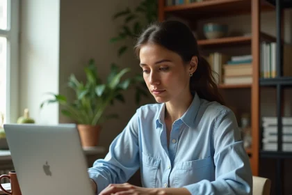 Femme consultant Google Flights sur son ordinateur portable pour comparer des vols