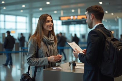 Jeune femme parlant avec un agent de douane à l'aéroport