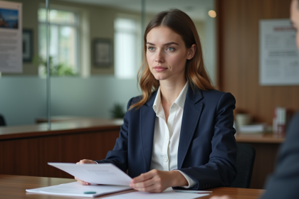 Jeune femme en blazer navy remet ses documents à un agent