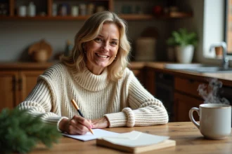Femme souriante écrivant une carte de vœux pour les bonnes vacances à une table en bois rustique avec des branches de pin et une tasse de thé