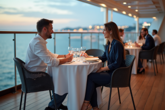 Femme élégante assise à une table de croisière en mer