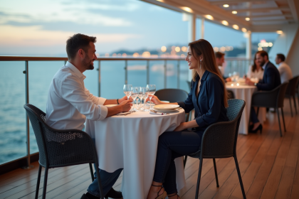 Femme élégante assise à une table de croisière en mer
