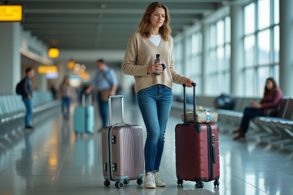 Femme réfléchissant à ses affaires à l'aéroport