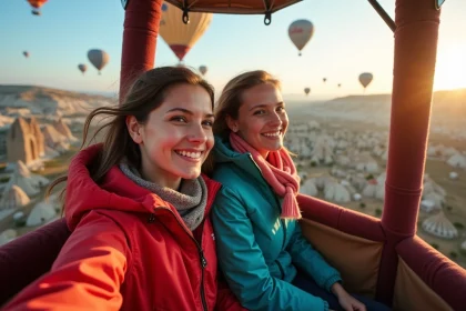 Femme et fille dans un ballon au-dessus de Cappadoce