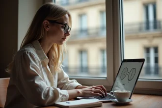 Femme française gérant le décalage horaire avec Miami sur son ordinateur depuis un appartement parisien