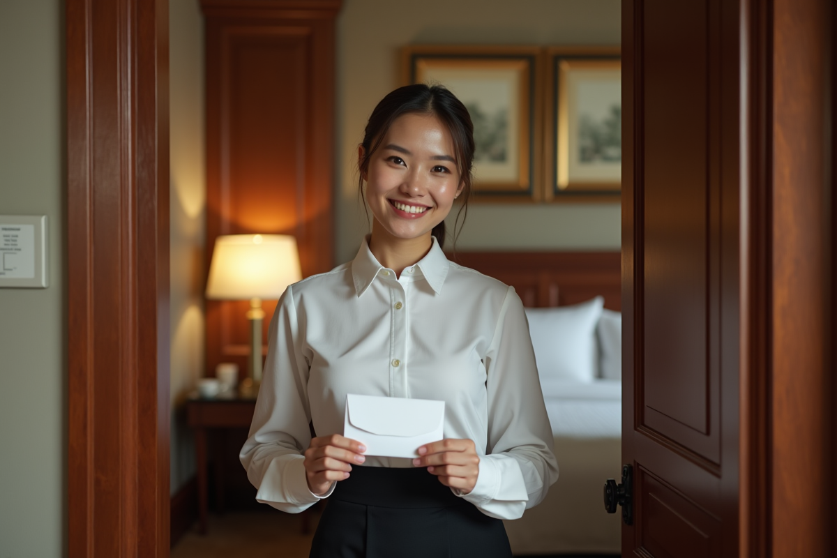 Jeune femme de chambre avec enveloppe de pourboire