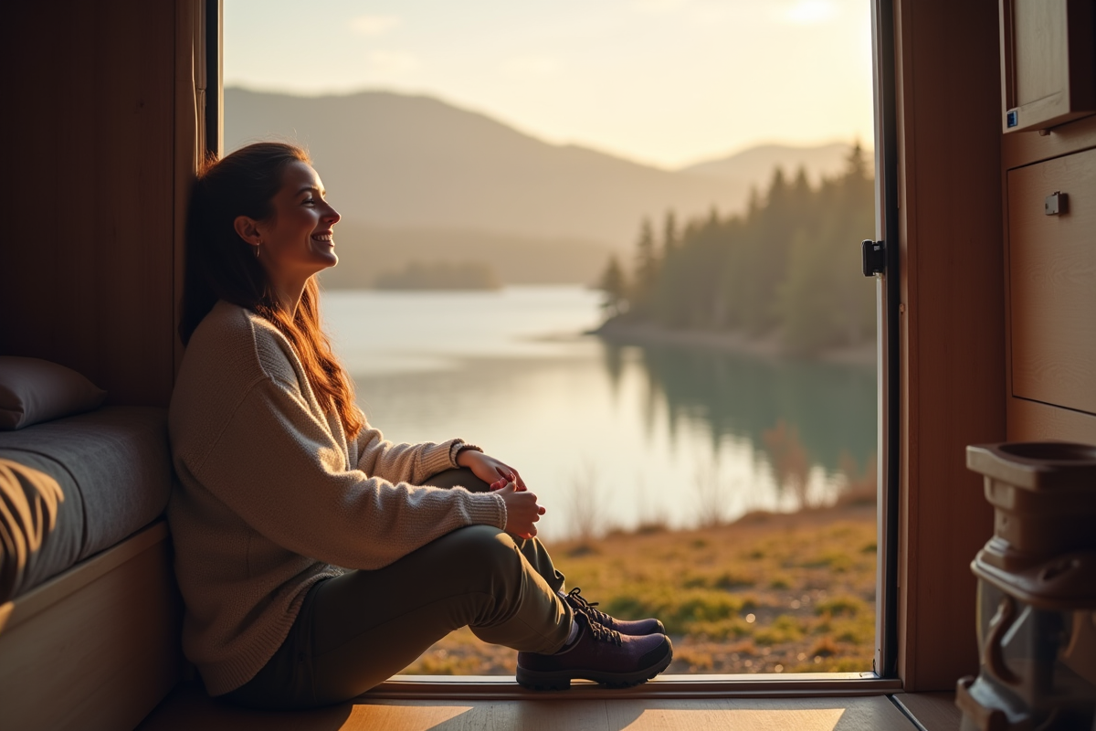Jeune femme souriante au lever du soleil au bord du lac
