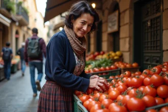 Femme sicilienne choisissant des tomates au marché