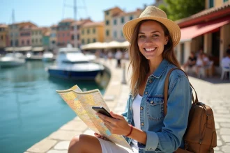 Femme souriante en voyage sur un port méditerranéen