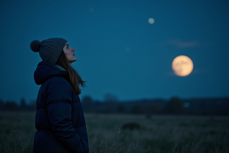 Femme regardant le ciel étoilé sous la lune pleine