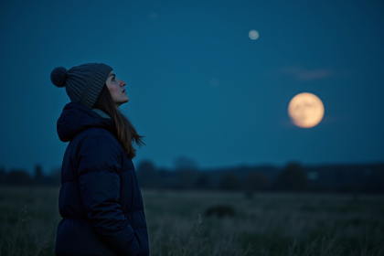 Femme regardant le ciel étoilé sous la lune pleine