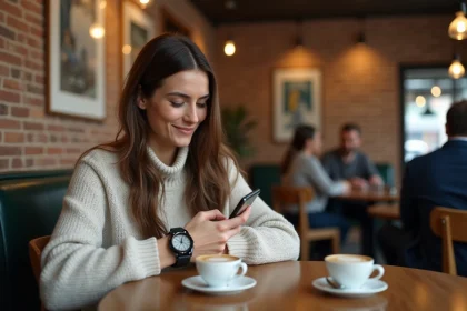 Jeune femme à Paris regardant sa montre dans un café
