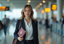 Papiers pour prendre l’avion : quels documents obligatoires ? Jeune femme avec passeport dans un aéroport