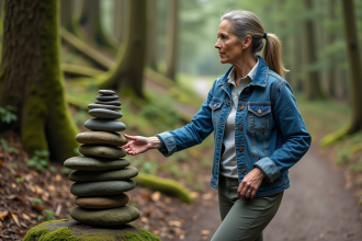 Femme en veste en denim et pantalon de randonnée près d'une pile de pierres dans la forêt