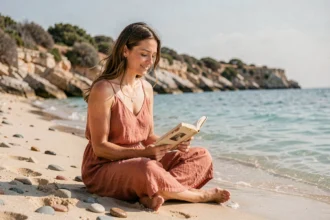 Femme détendue lisant sur une plage méditerranéenne calme en septembre, mer turquoise et falaises en arrière-plan