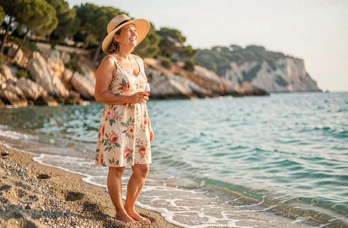 Femme en robe de lin sur la plage de Rayol-Canadel tenant un verre de rosé les pieds dans l'eau