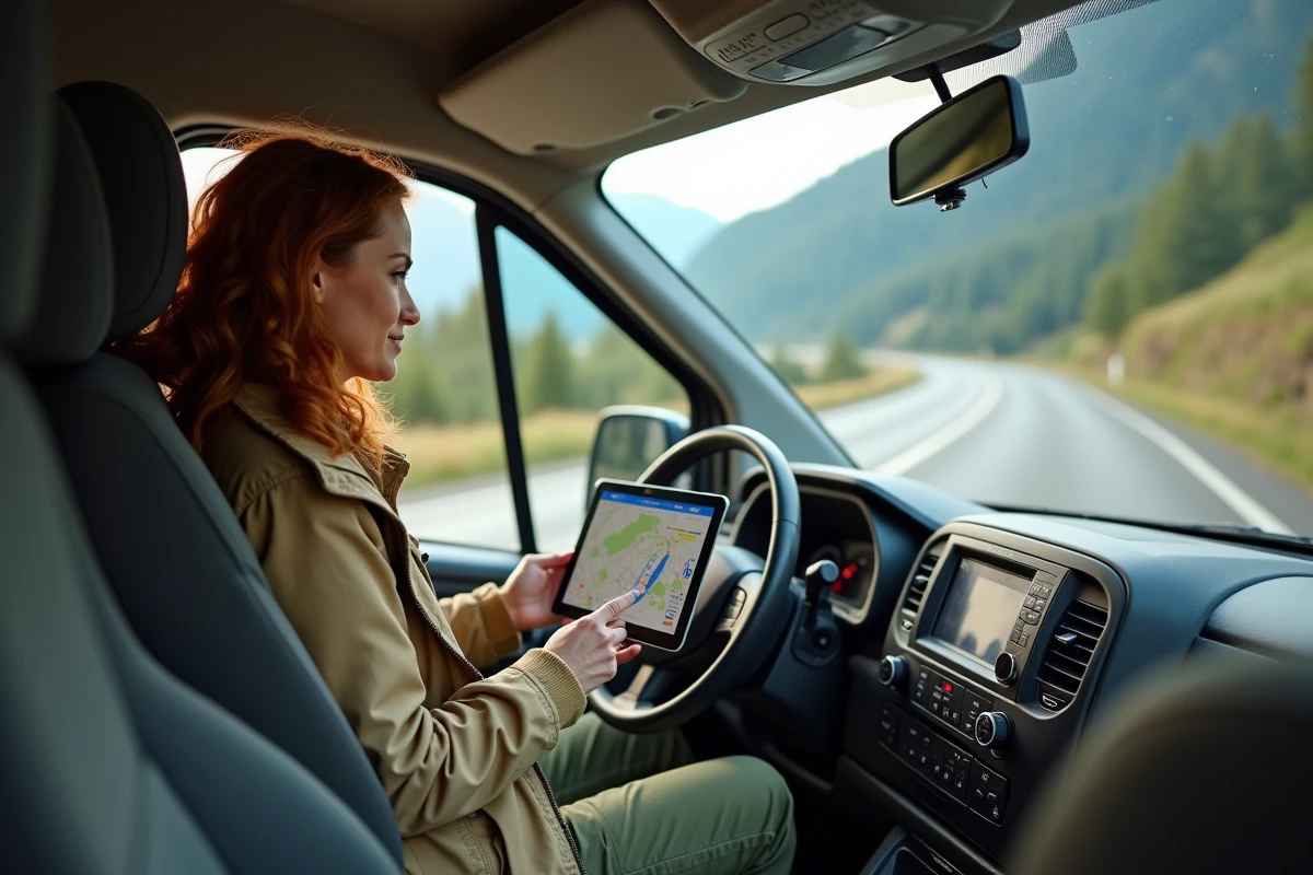 Femme planifiant un itinéraire camping-car sur une application Michelin depuis le siège passager