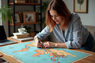 Femme planifiant ses voyages sur une carte du monde à la maison