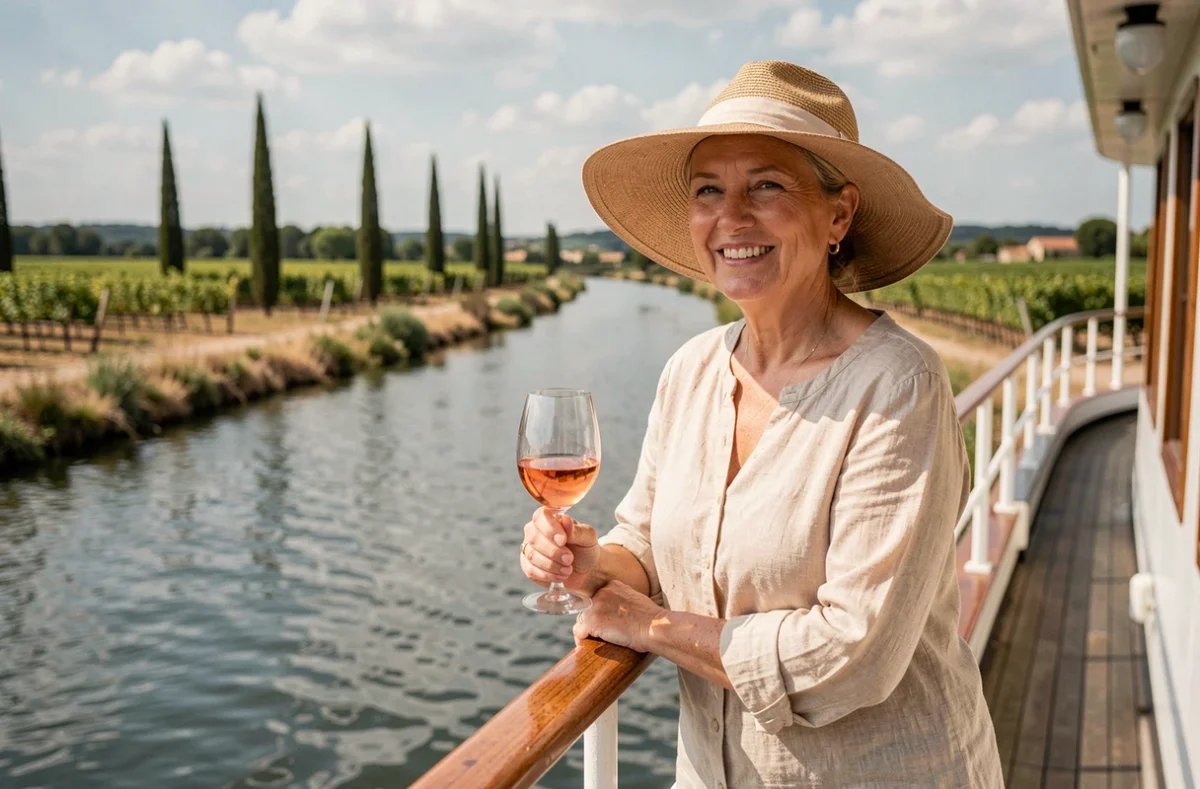 Femme profitant d'un verre de rosé sur le pont d'une péniche lors d'une croisière sur le Canal du Midi