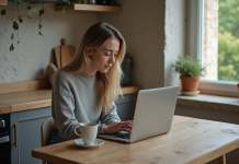 Voyage Ryanair : Faut-il s’enregistrer en ligne pour un vol ? Jeune femme vérifiant son vol sur un ordinateur portable dans la cuisine