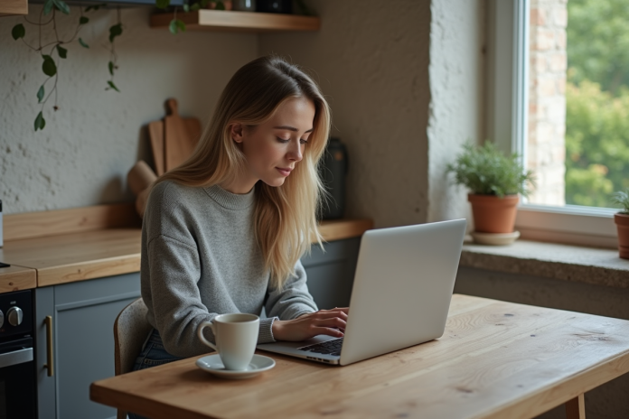 femme-preparer-vol-laptop Jeune femme vérifiant son vol sur un ordinateur portable dans la cuisine