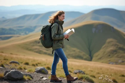 Jeune femme en randonnée dans les volcans d'Auvergne