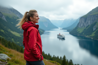Femme souriante en randonnée avec vue sur Geirangerfjord