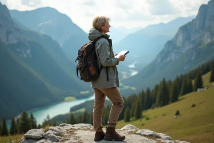 Femme randonneuse admire paysage montagneux avec journal