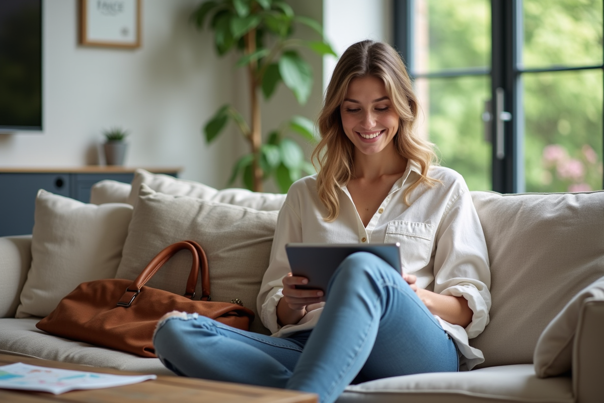 Jeune femme consulte annonces de locations vacances en intérieur