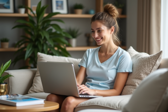Femme souriante recherchant des vacances sur son ordinateur