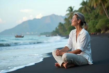Femme détendue assise sur la plage de Lovina