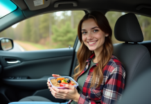 Conseils pour bien manger lors d’un road trip : aliments et astuces à connaître Jeune femme dans la voiture mangeant un fruit frais