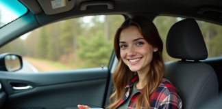 Conseils pour bien manger lors d’un road trip : aliments et astuces à connaître Jeune femme dans la voiture mangeant un fruit frais