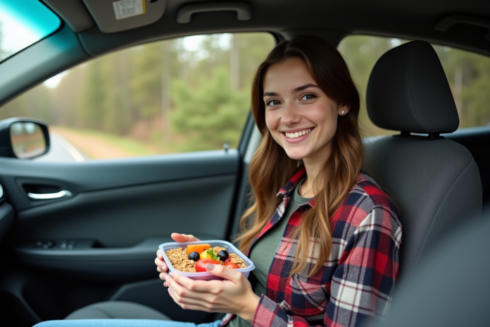 femme-repas-voiture Jeune femme dans la voiture mangeant un fruit frais